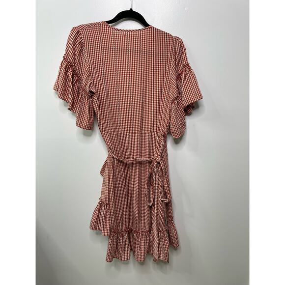 Max Studio Gingham Check Ruffle V Neck Knee Length Wrap Dress Red Women's Medium - Picture 3 of 10